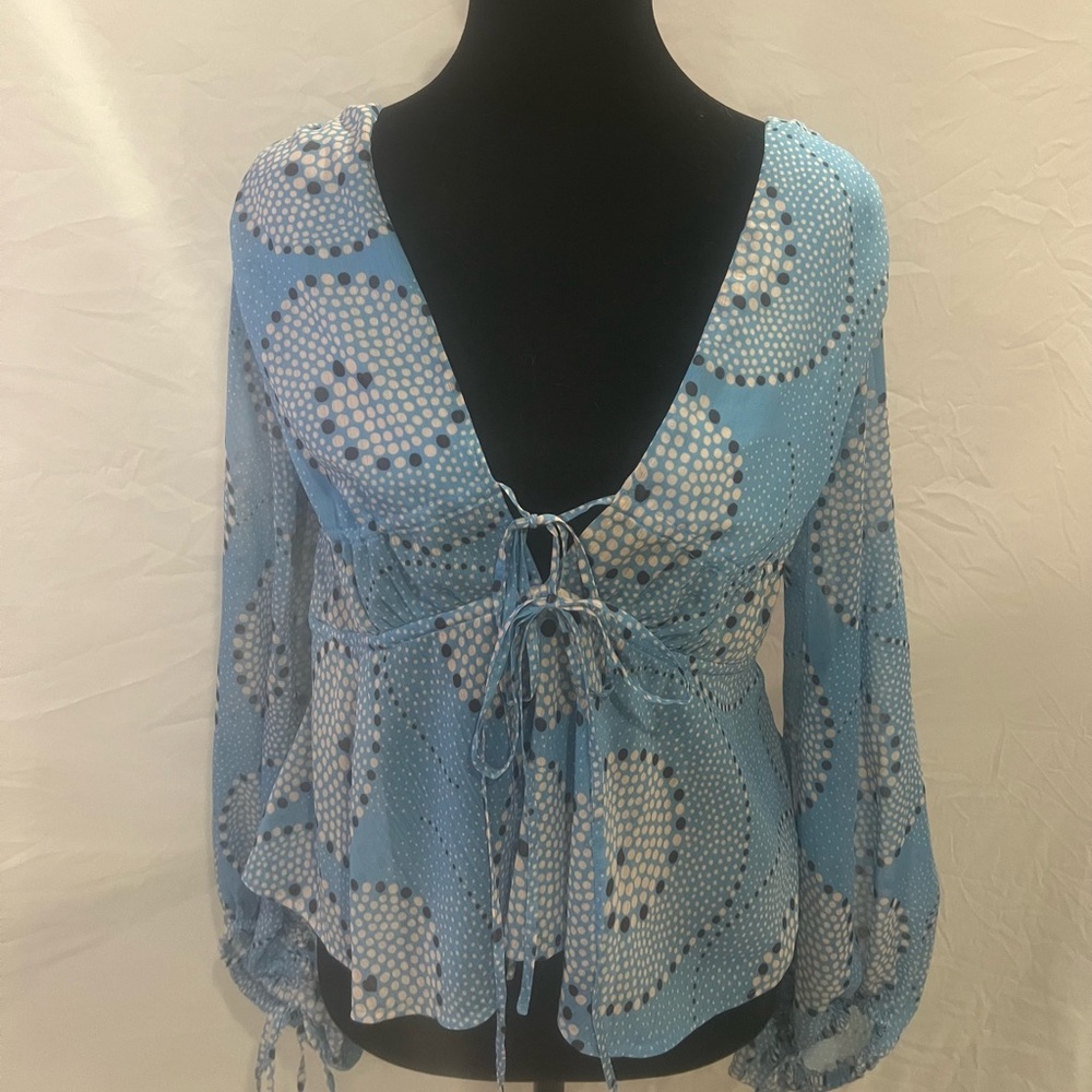 STAUD Blue Tie Front Long Sleeve Blouse